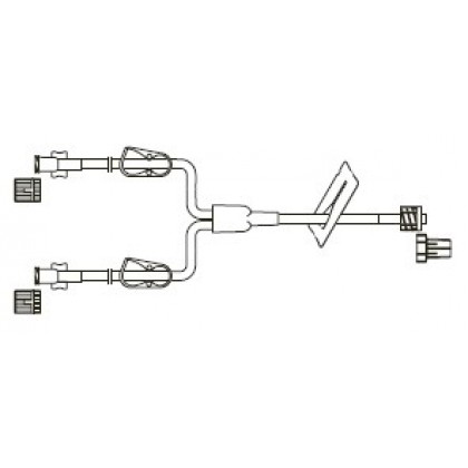 Item# BC554 Bifurcated MiniBore Extension Set, female luer-lock, (2) color coded pinch clamps, slide clamp, male luer-lock 50/CS